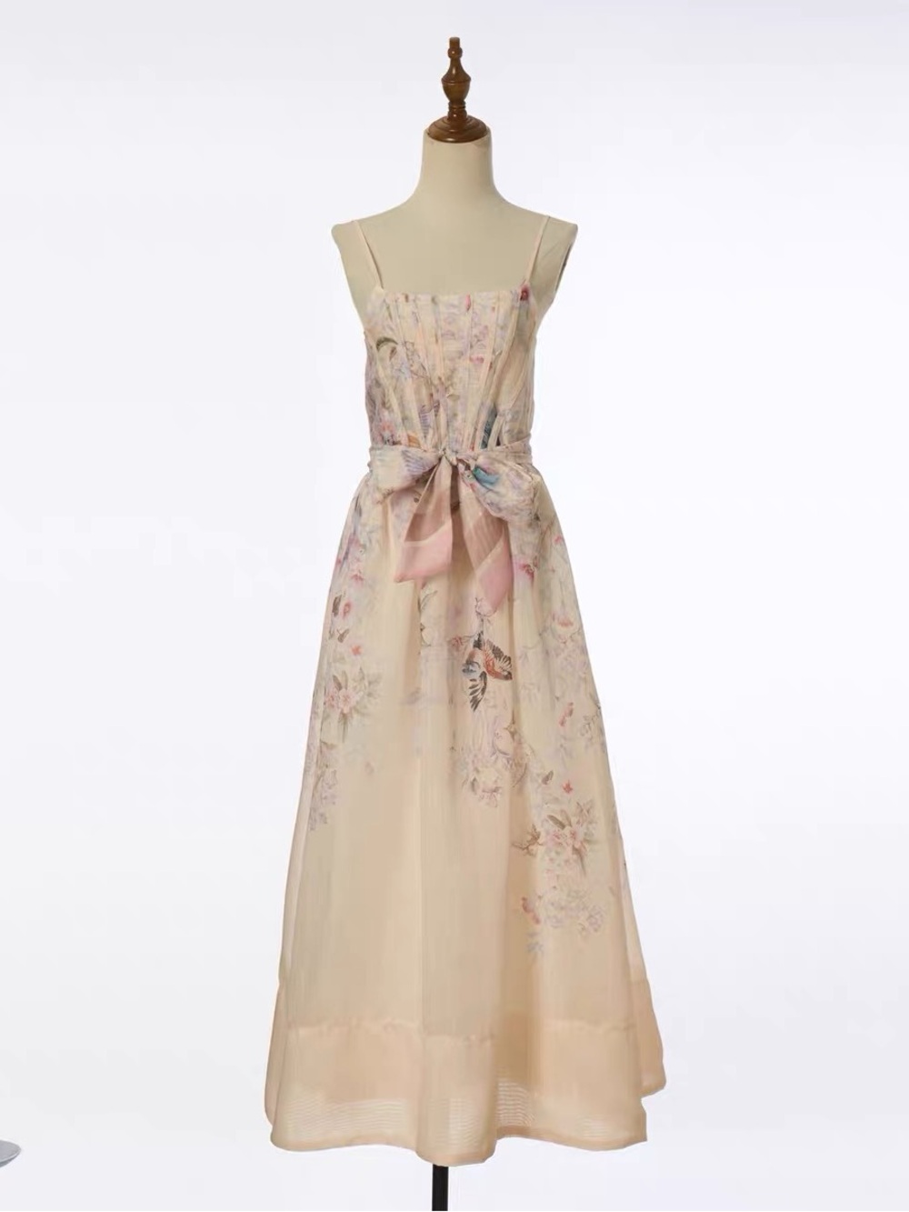 Designer-style Sleeveless Pink Floral Bow Midi Dress